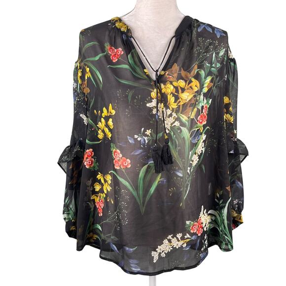 Chico's Chiffon Floral Ruffle Sleeve Ikat Blouse 18 - Picture 3 of 12